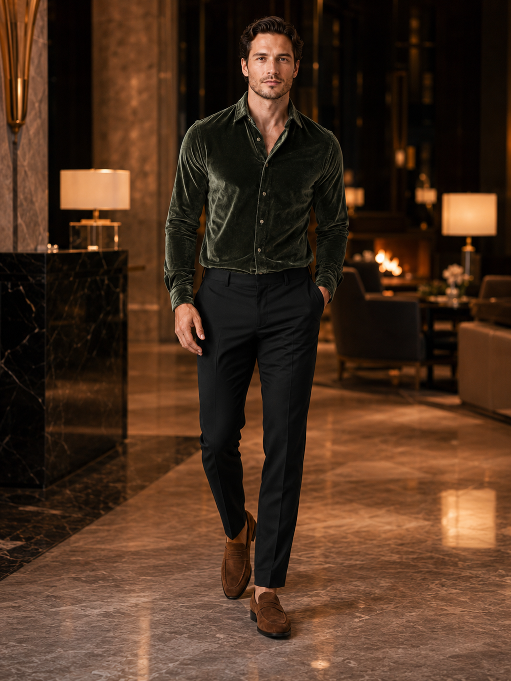 Man styling green velvet button up shirt in a sophisticated evening and business casual outfit