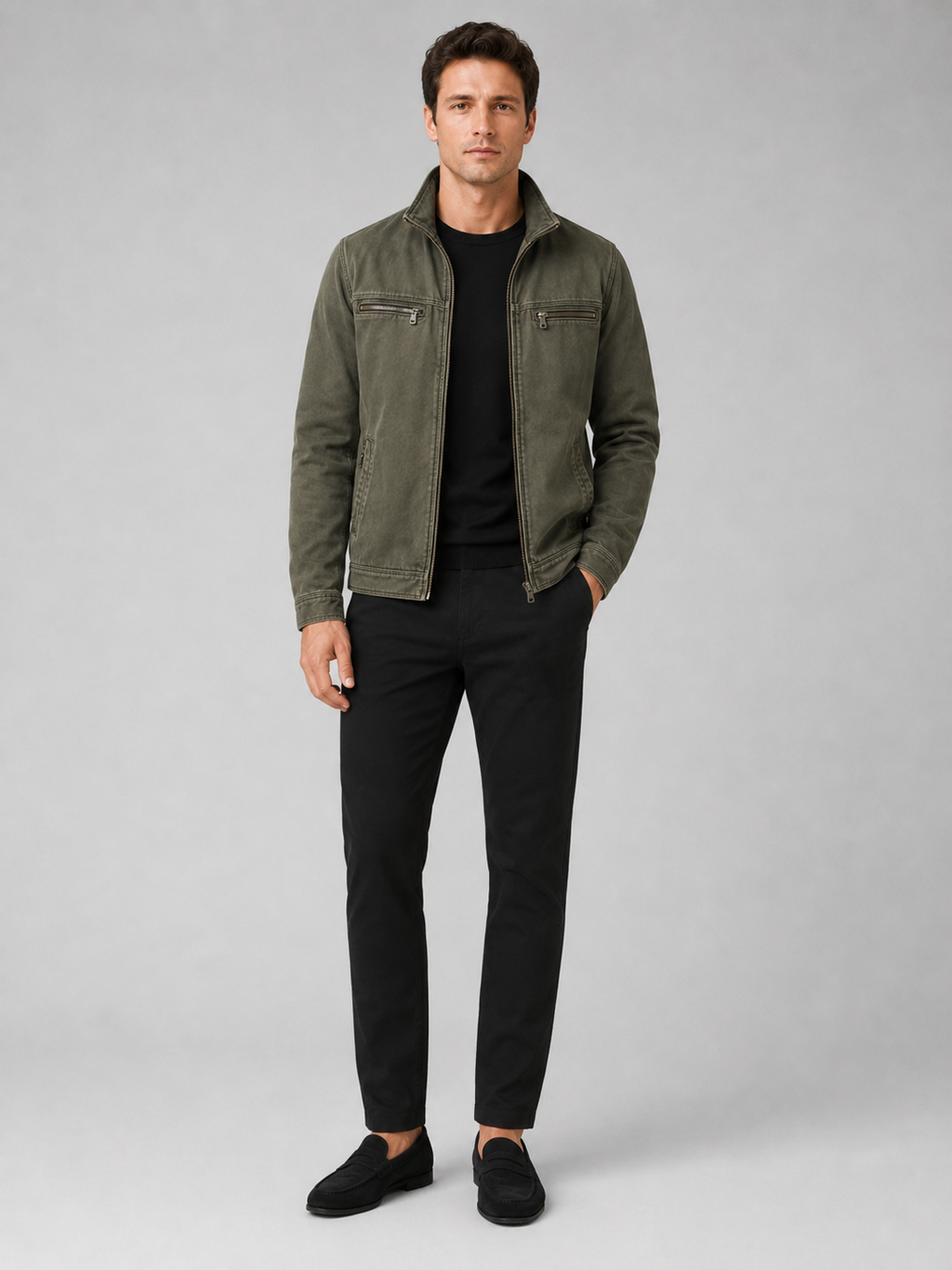 Green washed cotton jacket for men lightweight zip up outerwear for travel and everyday wear