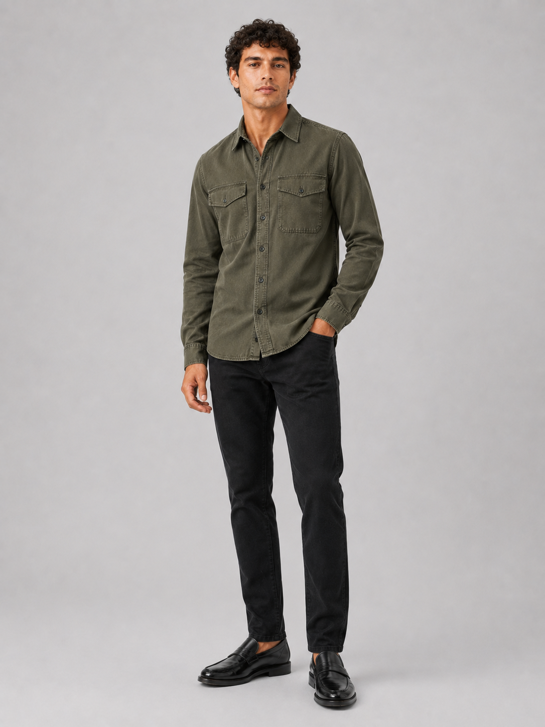 Green long sleeve work shirt for men cotton button up with double chest pockets