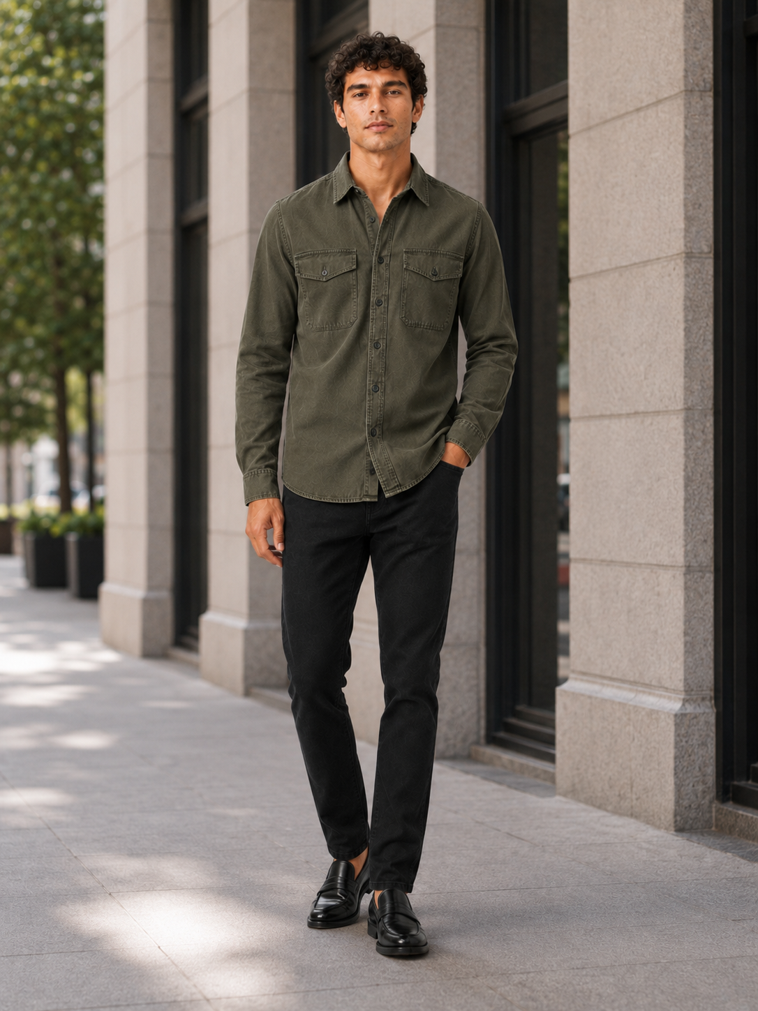 Men’s Long Sleeve Work Shirt Cotton Washed Double Pocket Casual Button-Up