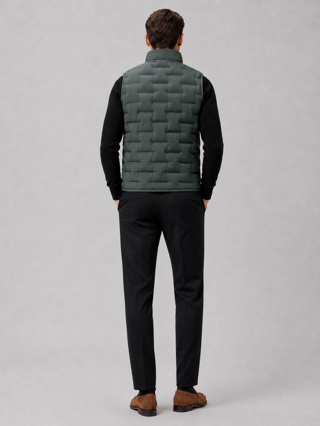 Men’s green insulated down vest comfortable sleeveless outerwear for fall winter casual outfits