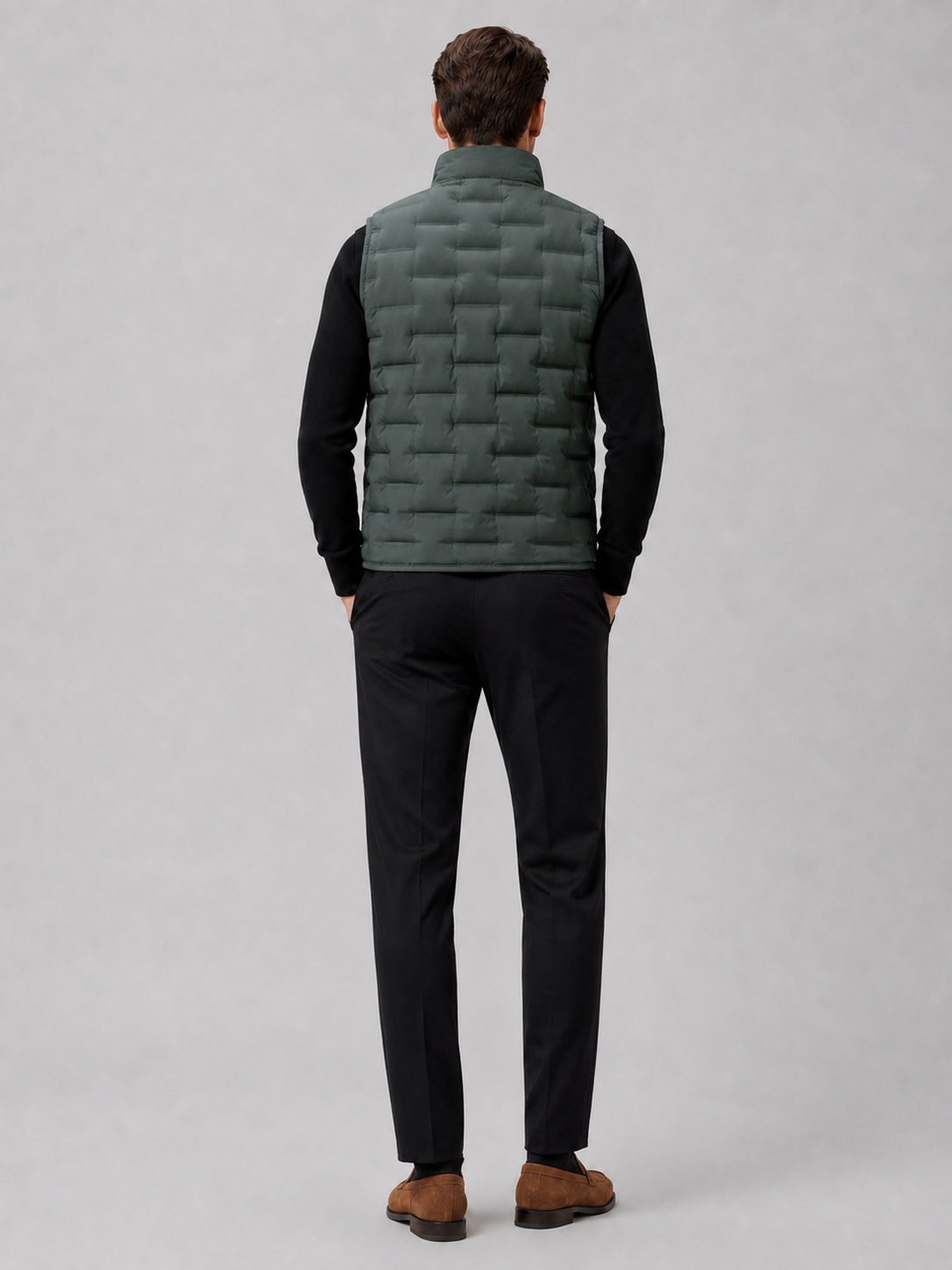 Men’s green insulated down vest comfortable sleeveless outerwear for fall winter casual outfits