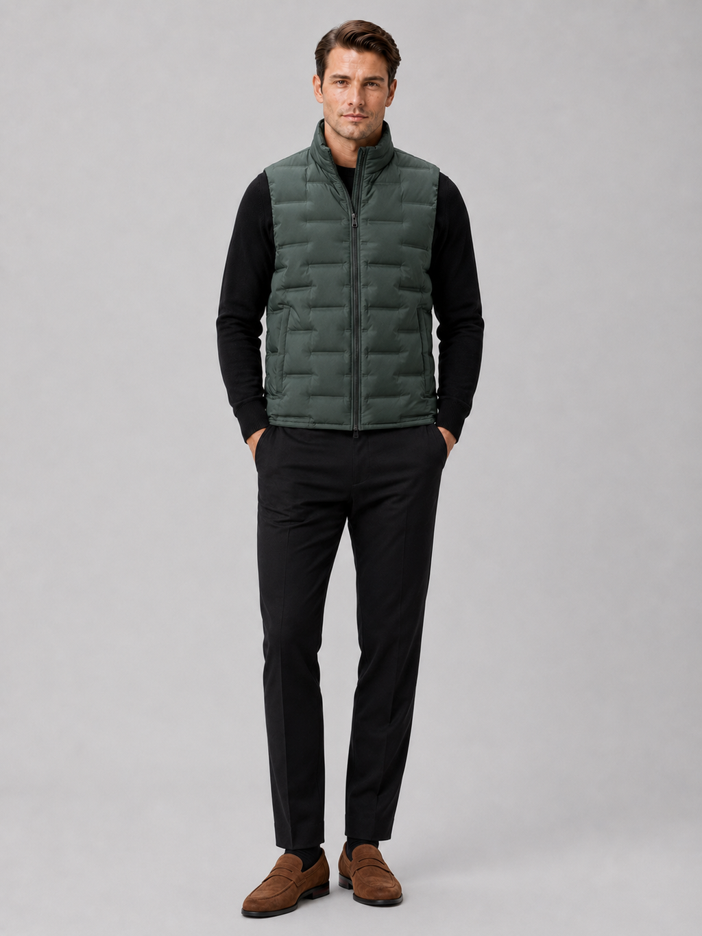 Green white duck down vest for men lightweight windproof waterproof puffer vest for everyday wear