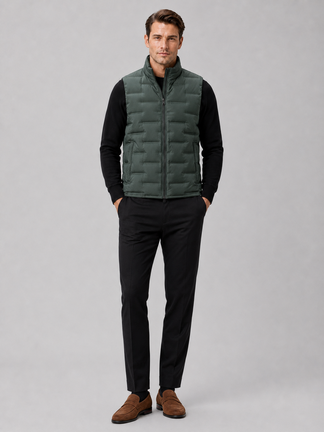Green white duck down vest for men lightweight windproof waterproof puffer vest for everyday wear