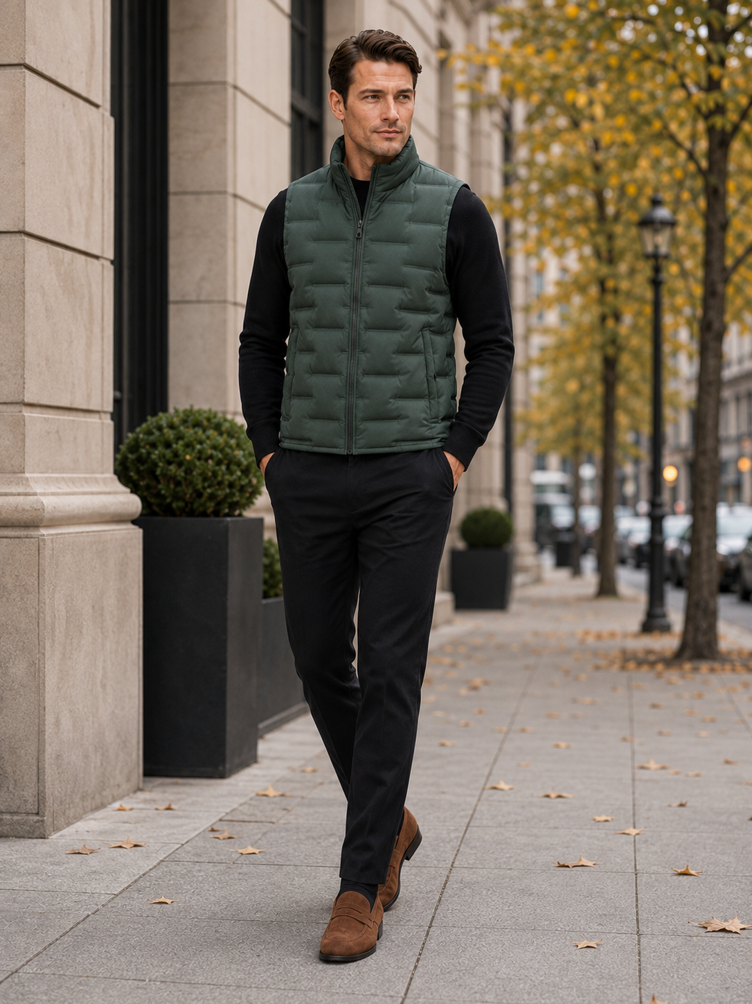 Man styling green white duck down vest in a rugged outdoor and everyday winter lifestyle outfit