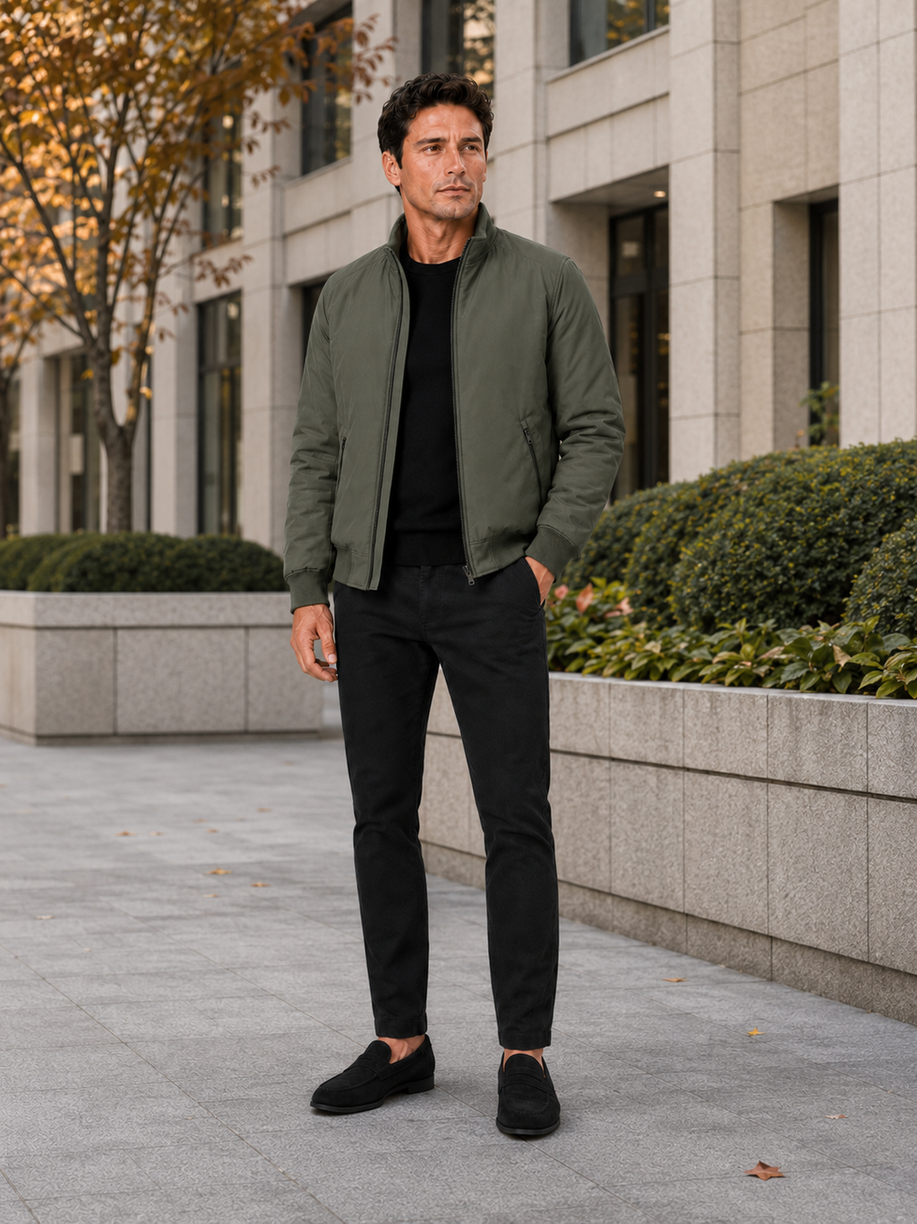 Man styling green fleece lined jacket in a rugged everyday and winter lifestyle outfit