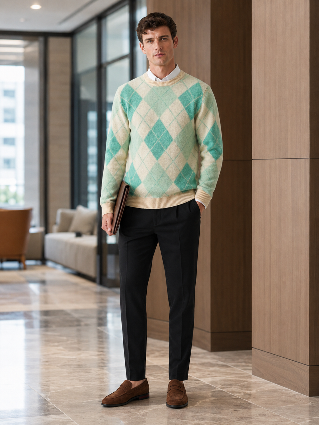Man wearing a green wool argyle crew neck sweater in a smart business casual fall winter outfit