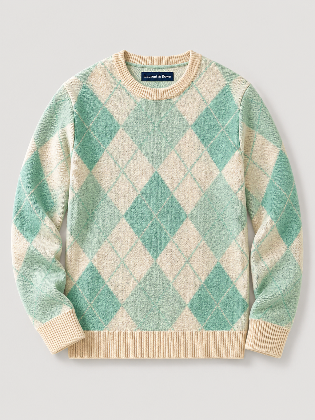 Green men’s wool argyle crew neck sweater with a thick knit design displayed on a plain background