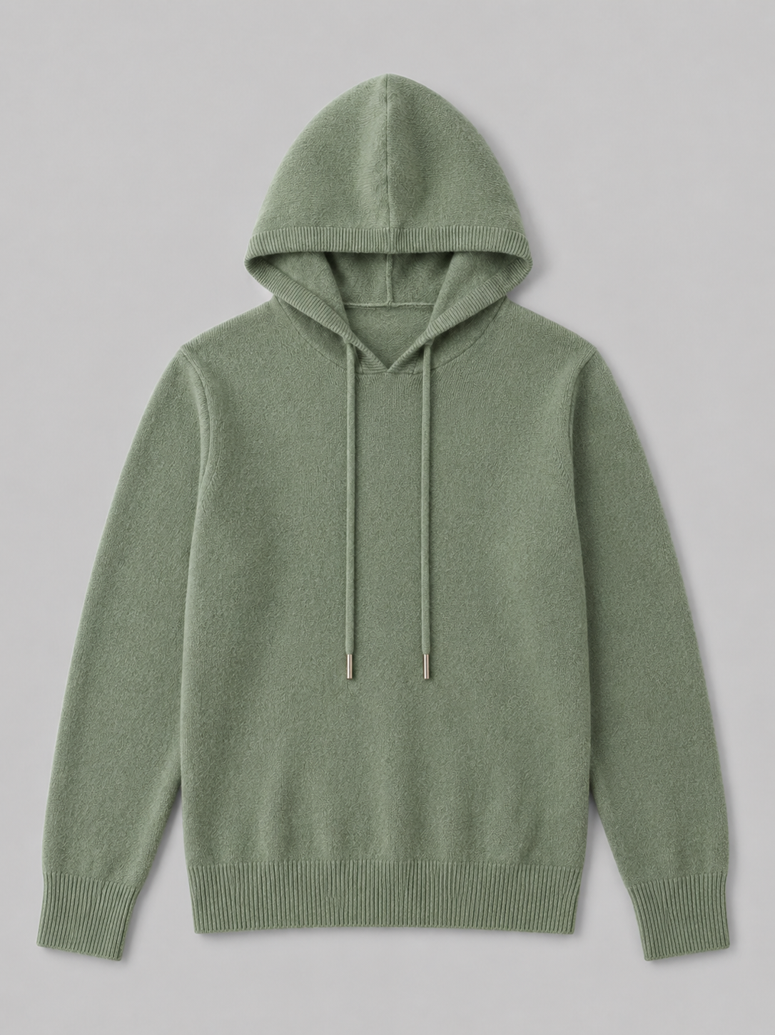 Green men’s wool knit hoodie sweater displayed on a plain background