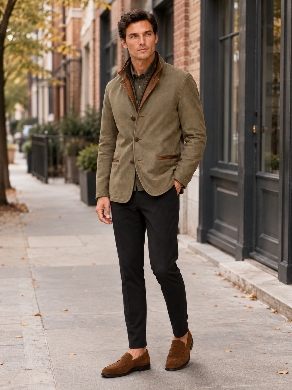Man styling green workwear jacket in a relaxed streetwear and everyday lifestyle outfit