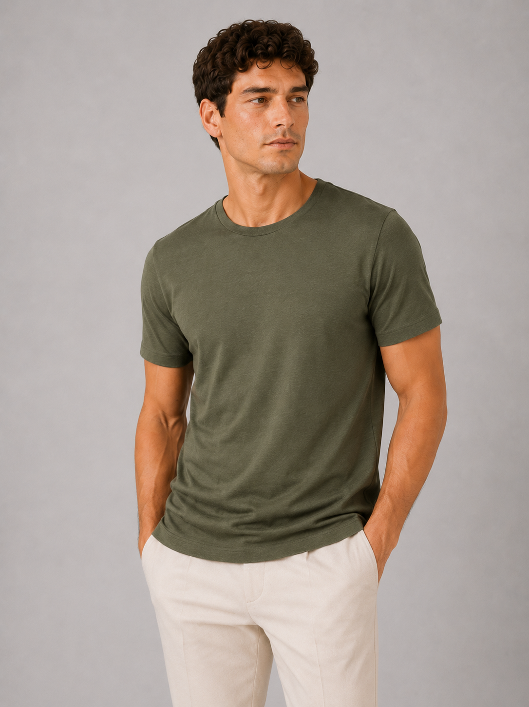 Men wearing green 100 percent cotton crew neck t shirt soft short sleeve summer casual style