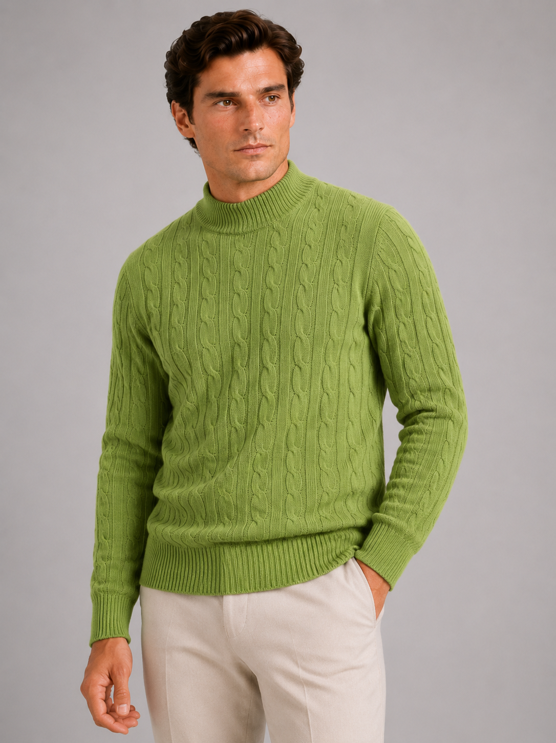 Men wearing green 100 percent wool cable knit mock neck sweater warm fall winter style