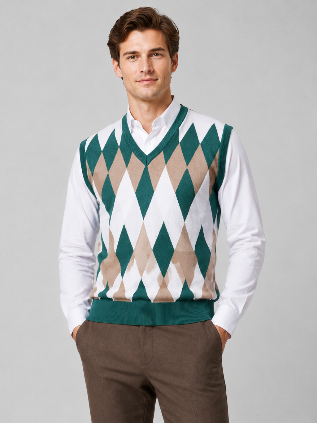 Men wearing green argyle sweater vest v neck slim fit lightweight knit fall winter business casual style
