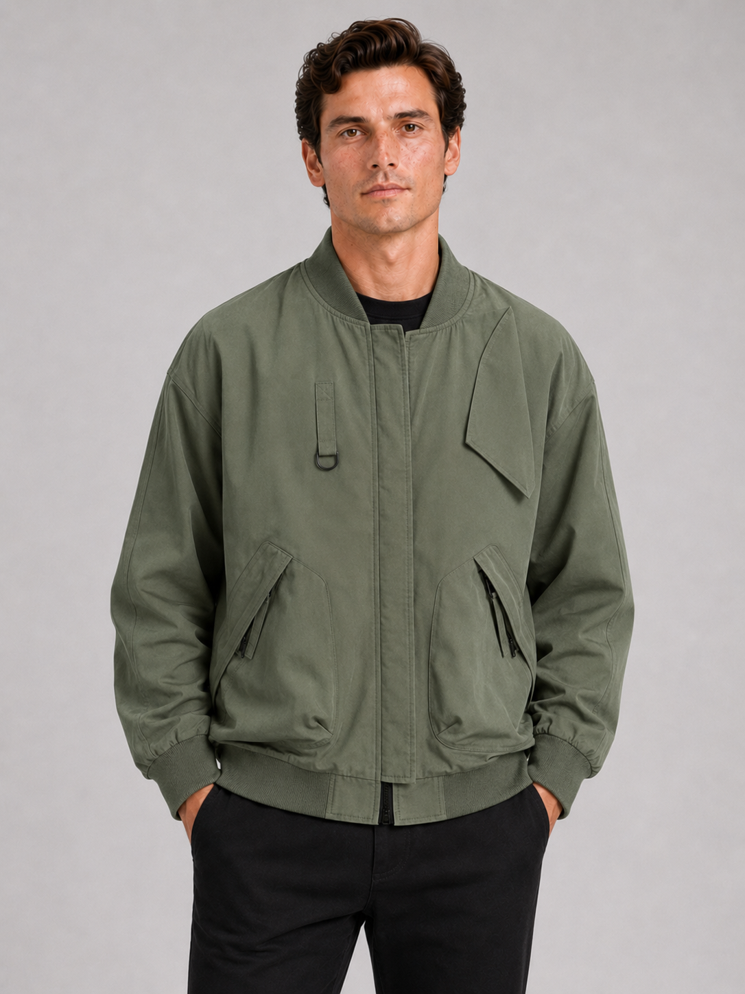 Men wearing green bomber workwear jacket plus size loose fit fall casual style