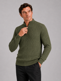 Men wearing green cable knit pullover sweater mock neck quarter zip warm fall winter style
