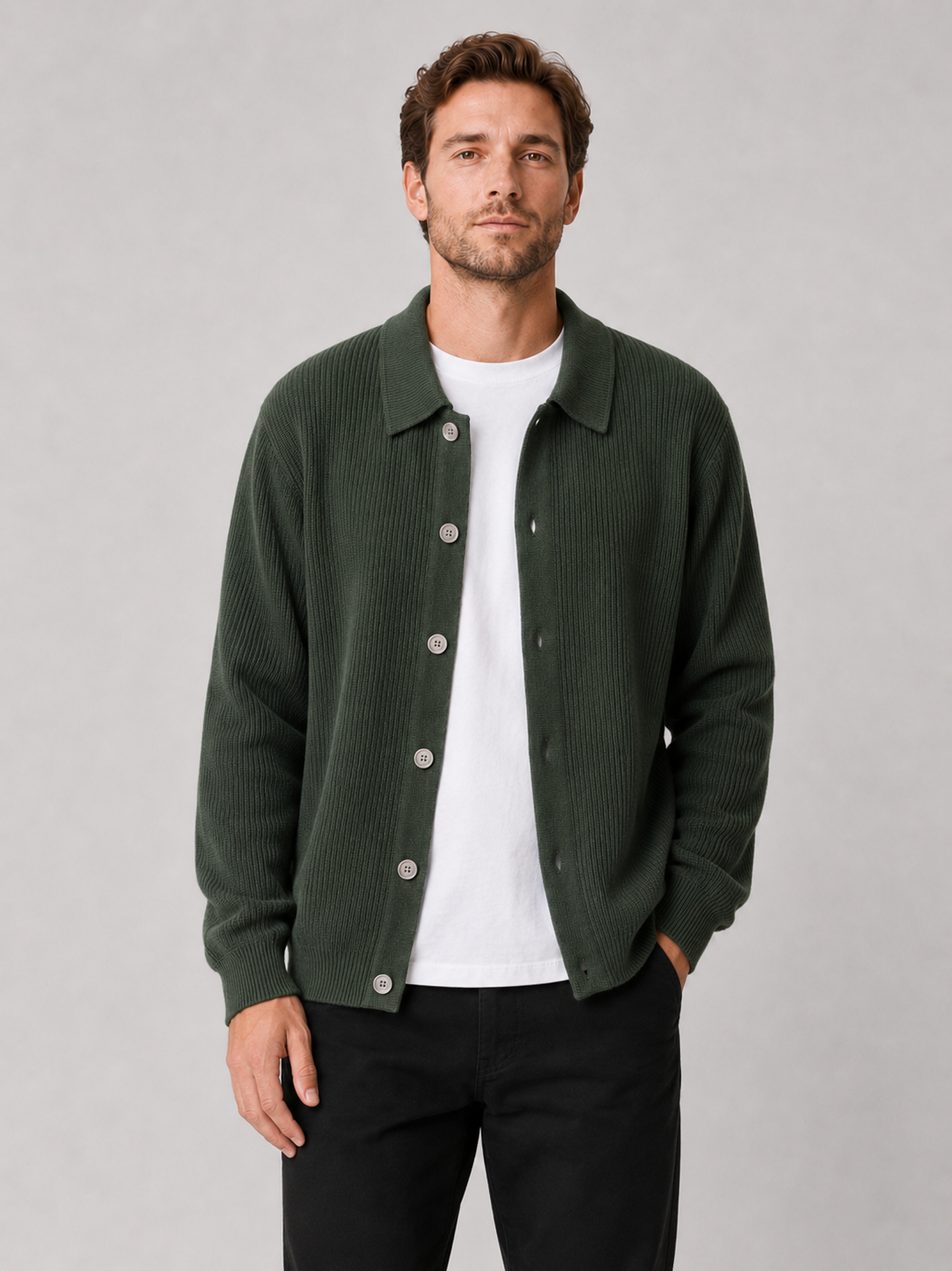 Men wearing green knit cardigan sweater open front lapel loose fit spring fall casual style