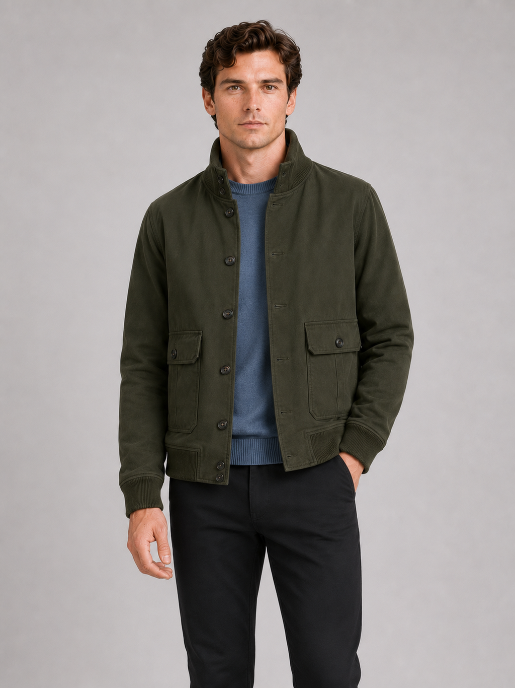 Men wearing green cargo fall jacket patchwork ribbed stand collar casual outdoor style
