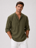 Men wearing green band collar shirt lightweight breathable button up summer vacation style