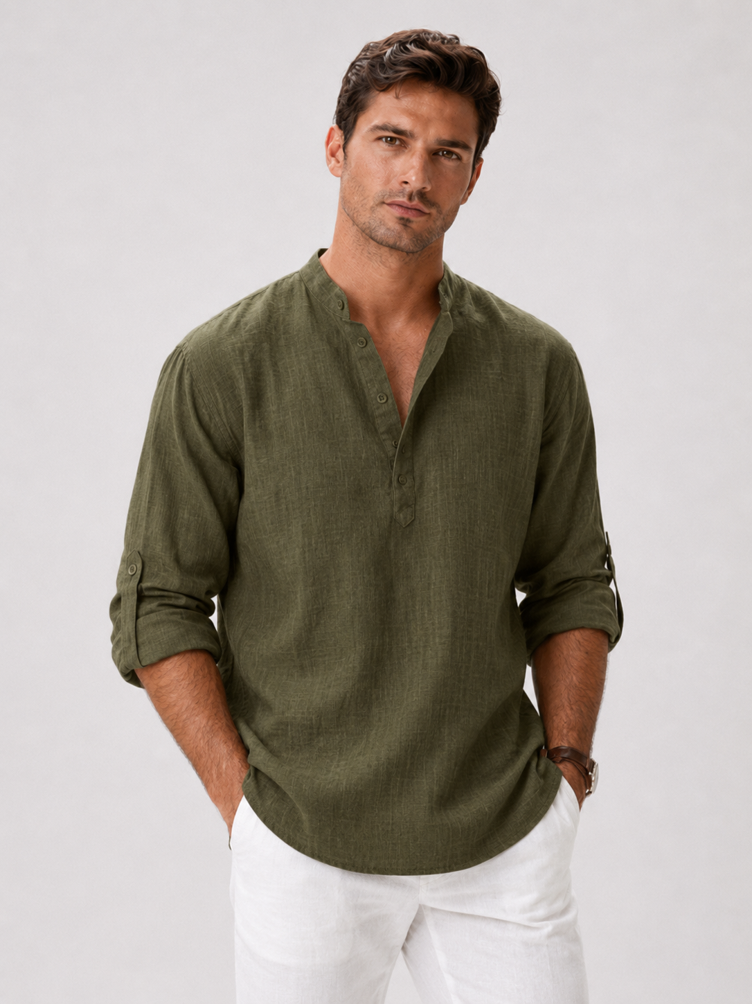 Men wearing green band collar shirt lightweight breathable button up summer vacation style