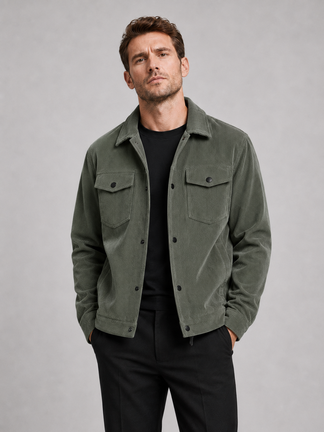 Men wearing green corduroy jacket lapel loose fit fall casual streetwear style