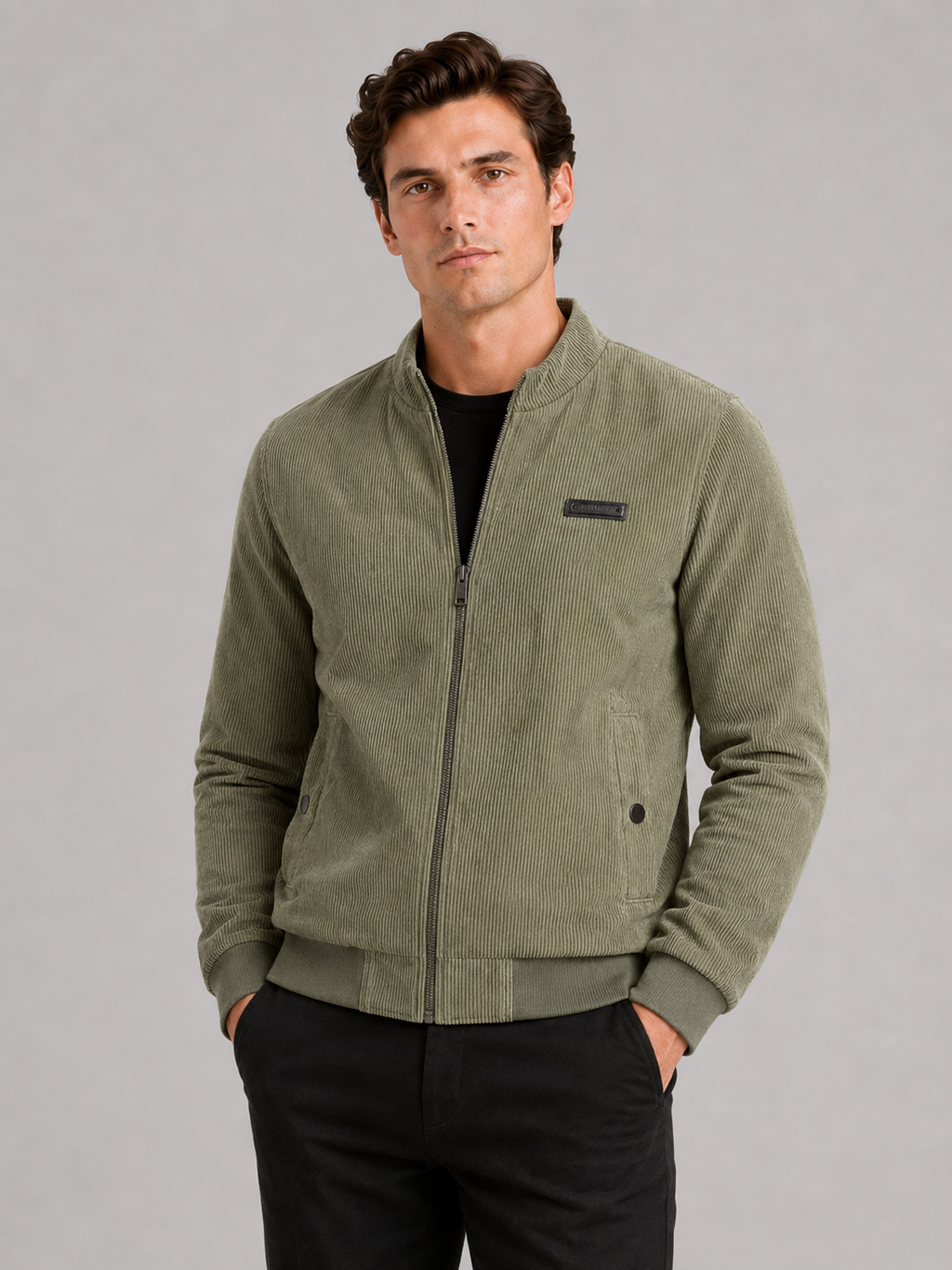 Men wearing green corduroy workwear fall jacket cotton padded lightweight casual outdoor style