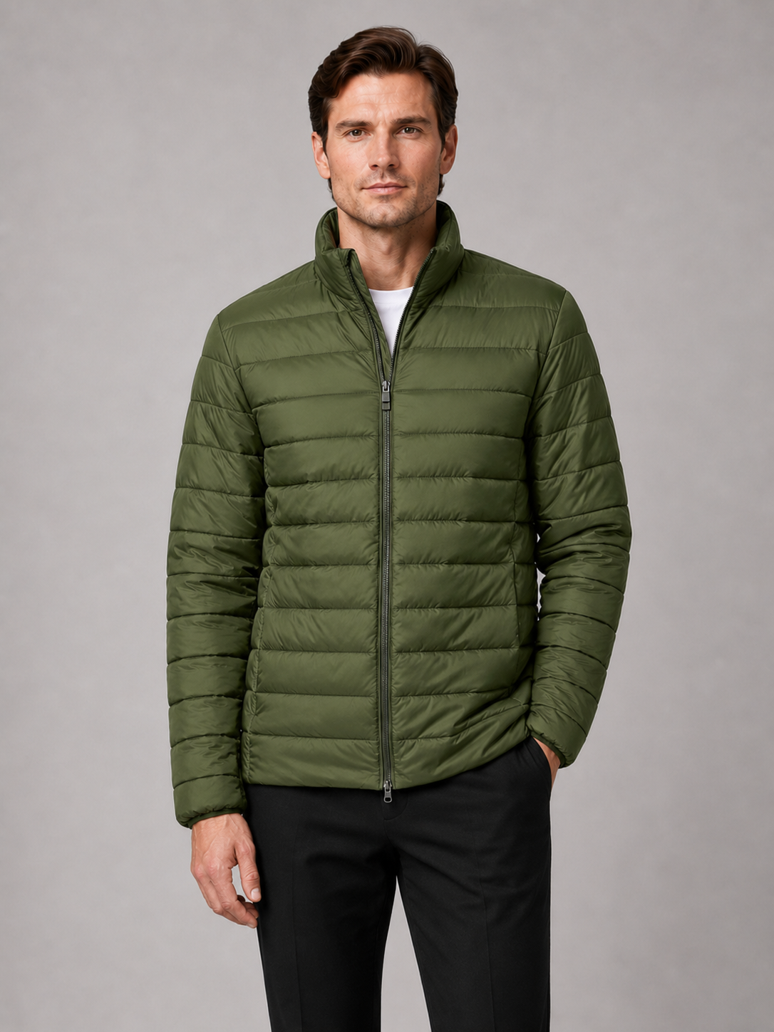 Men wearing green down puffer jacket stand collar windproof waterproof winter outdoor style