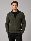 Men wearing green fleece cardigan sweater full zip warm fall winter casual style