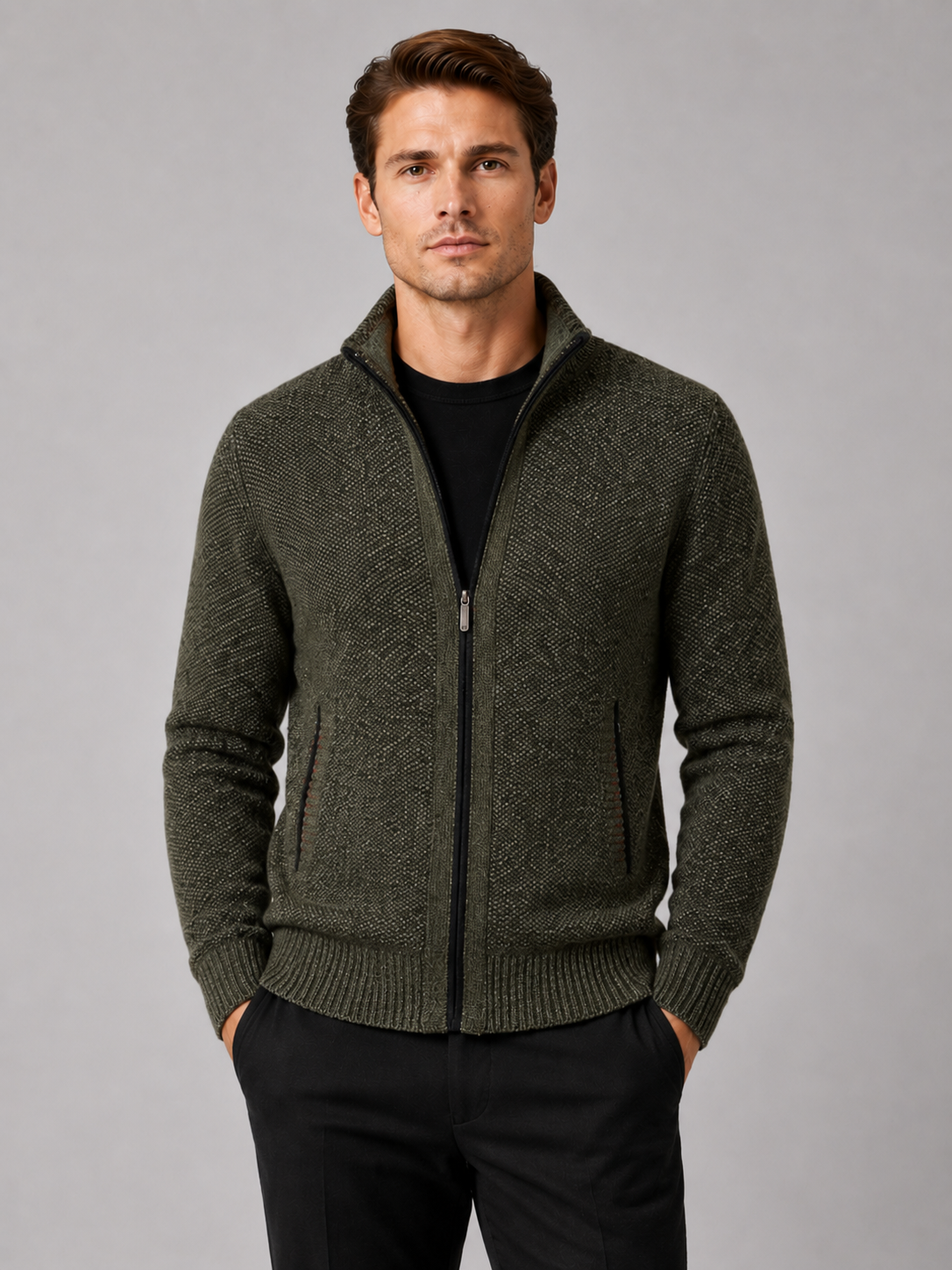 Men wearing green fleece cardigan sweater full zip warm fall winter casual style