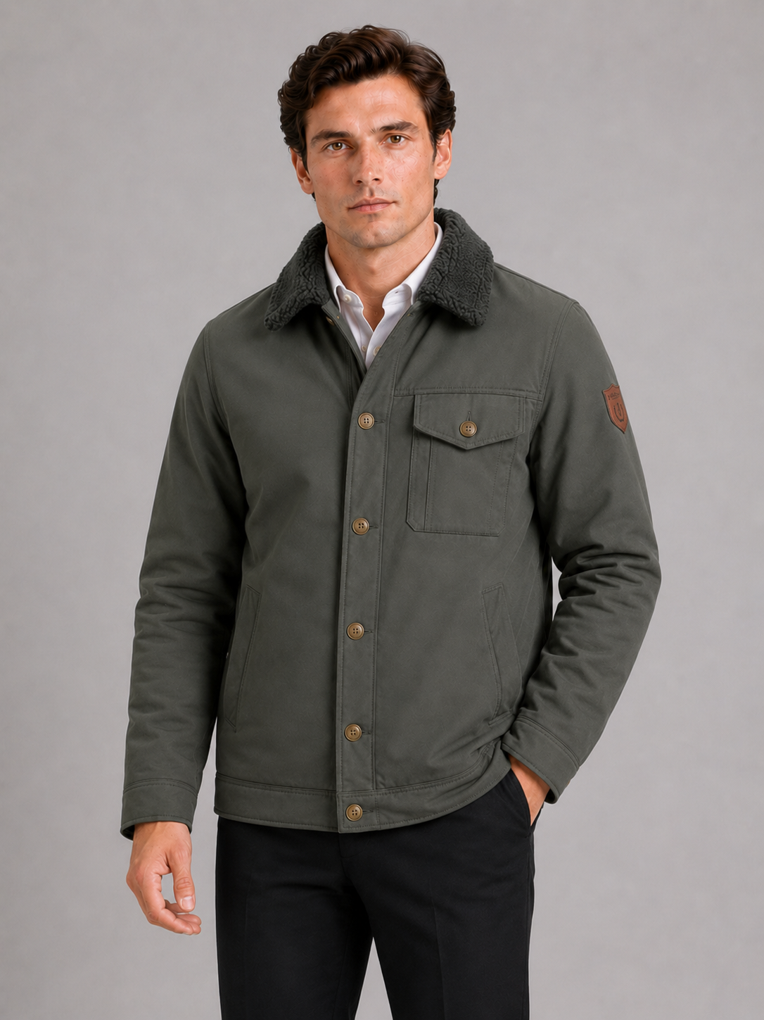 Men wearing green fleece fall jacket thick warm windproof winter coat with fur collar
