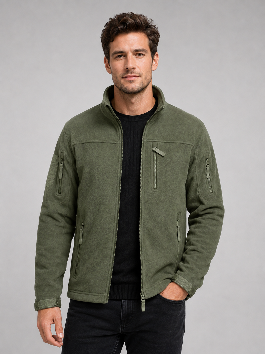 Front view of a man wearing a green windproof fleece jacket with a full zip front, warm construction, and zipper pockets