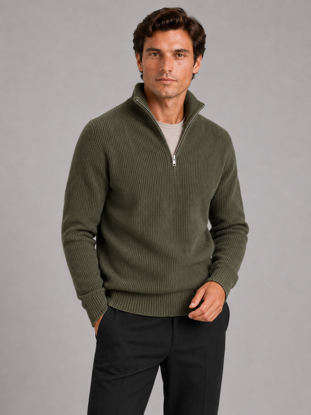 Men wearing green half zip sweater thick knit pullover warm winter casual style