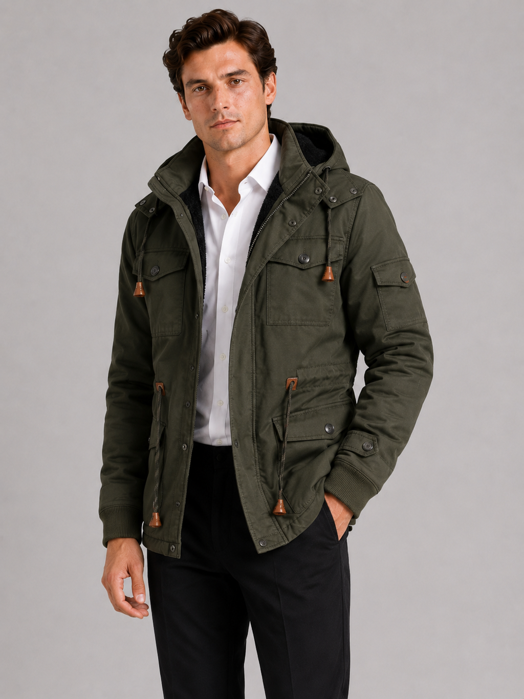 Men wearing green hooded cotton jacket fleece lined thick warm fall winter outdoor style