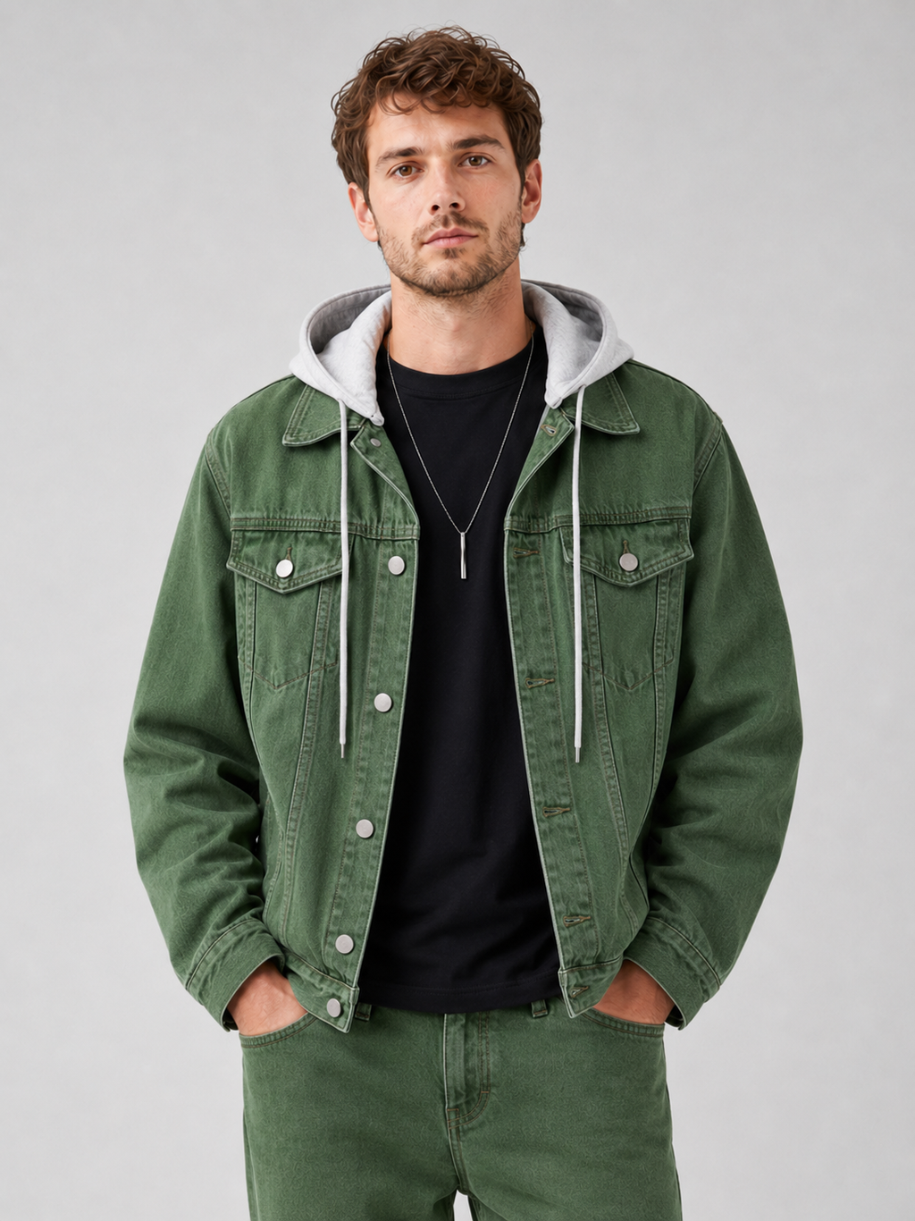 Men wearing green hooded denim jacket with detachable hood and loose fit winter streetwear style