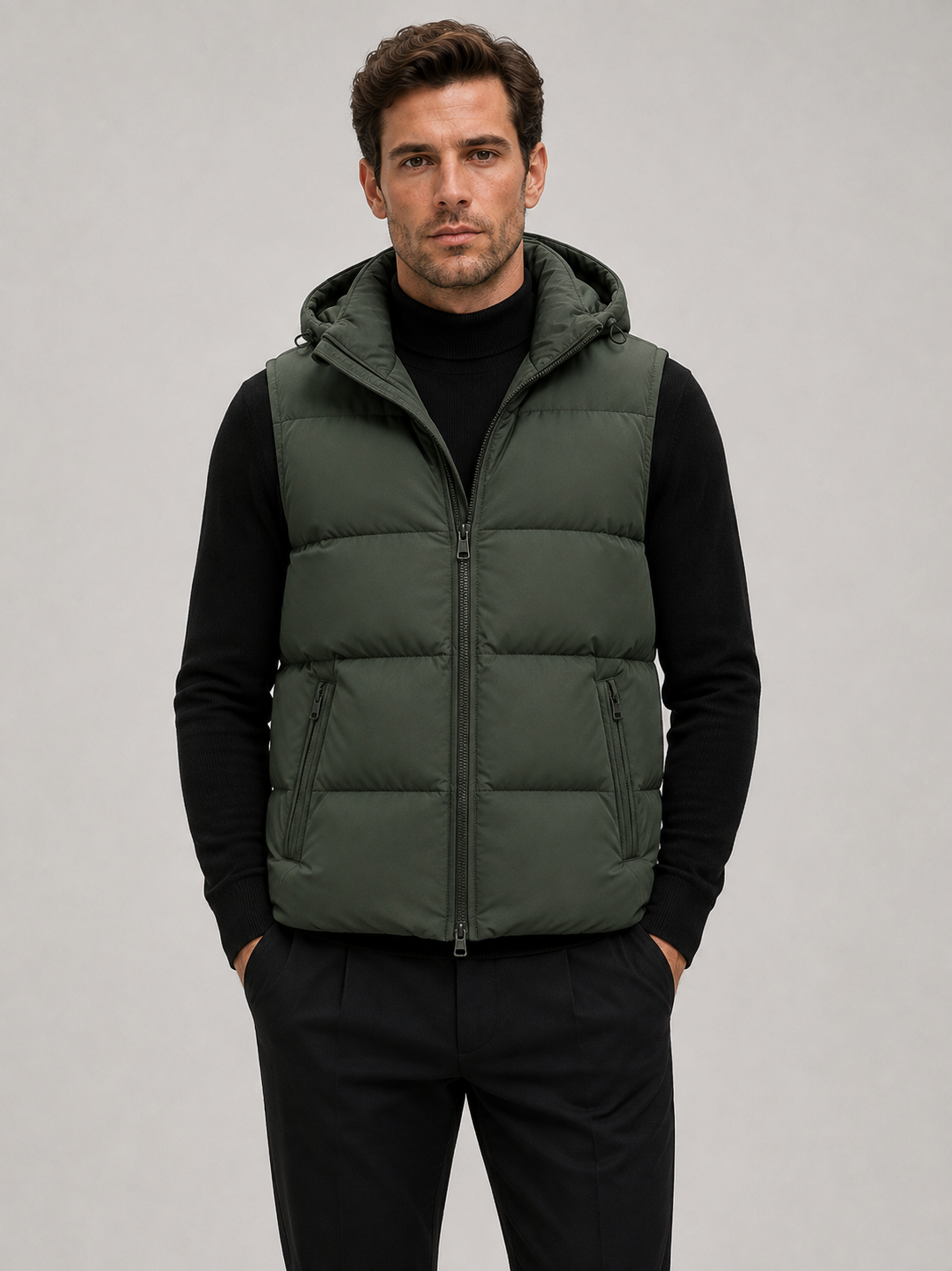 Man wearing a navy hooded puffer vest in a casual fall winter outfit for outdoor and everyday wear