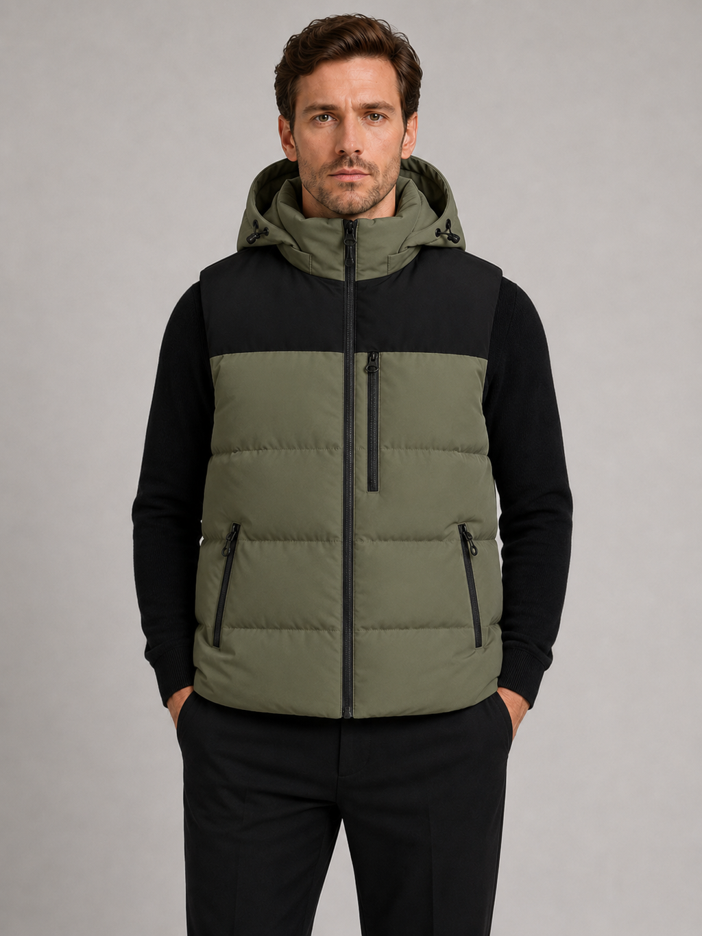 Front view of a man wearing a green hooded puffer vest with a windproof shell, thick insulation, sleeveless design, and full zip front