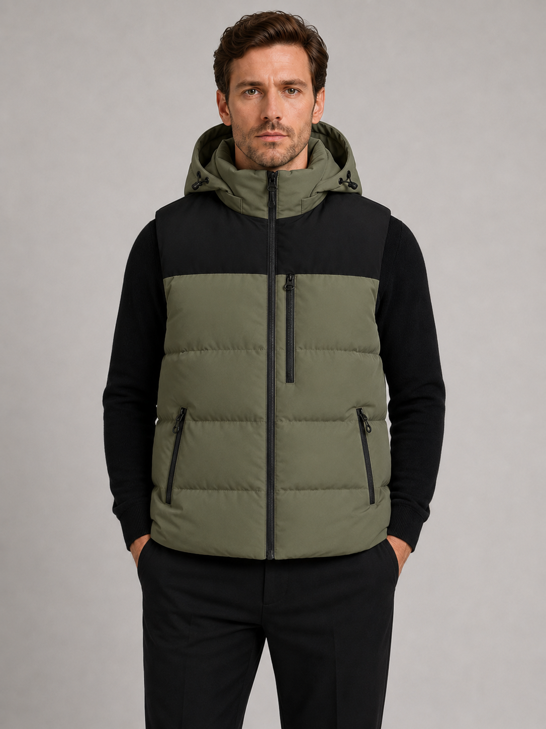 Front view of a man wearing a green hooded puffer vest with a windproof shell, thick insulation, sleeveless design, and full zip front