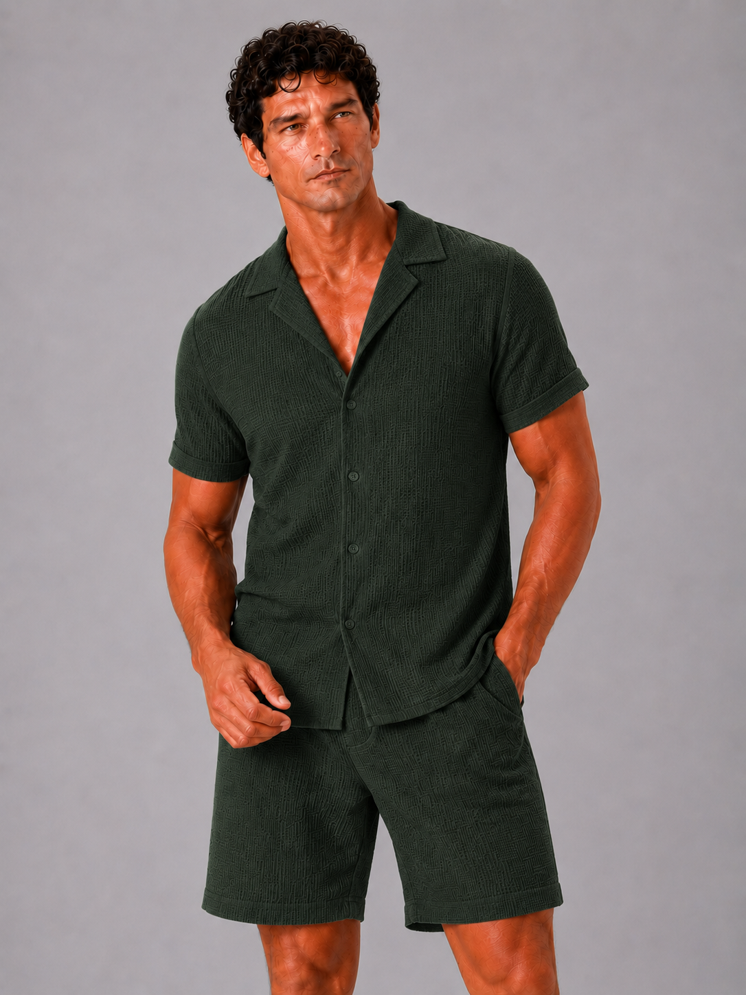 Men wearing green jacquard cotton two piece set lightweight breathable summer vacation outfit