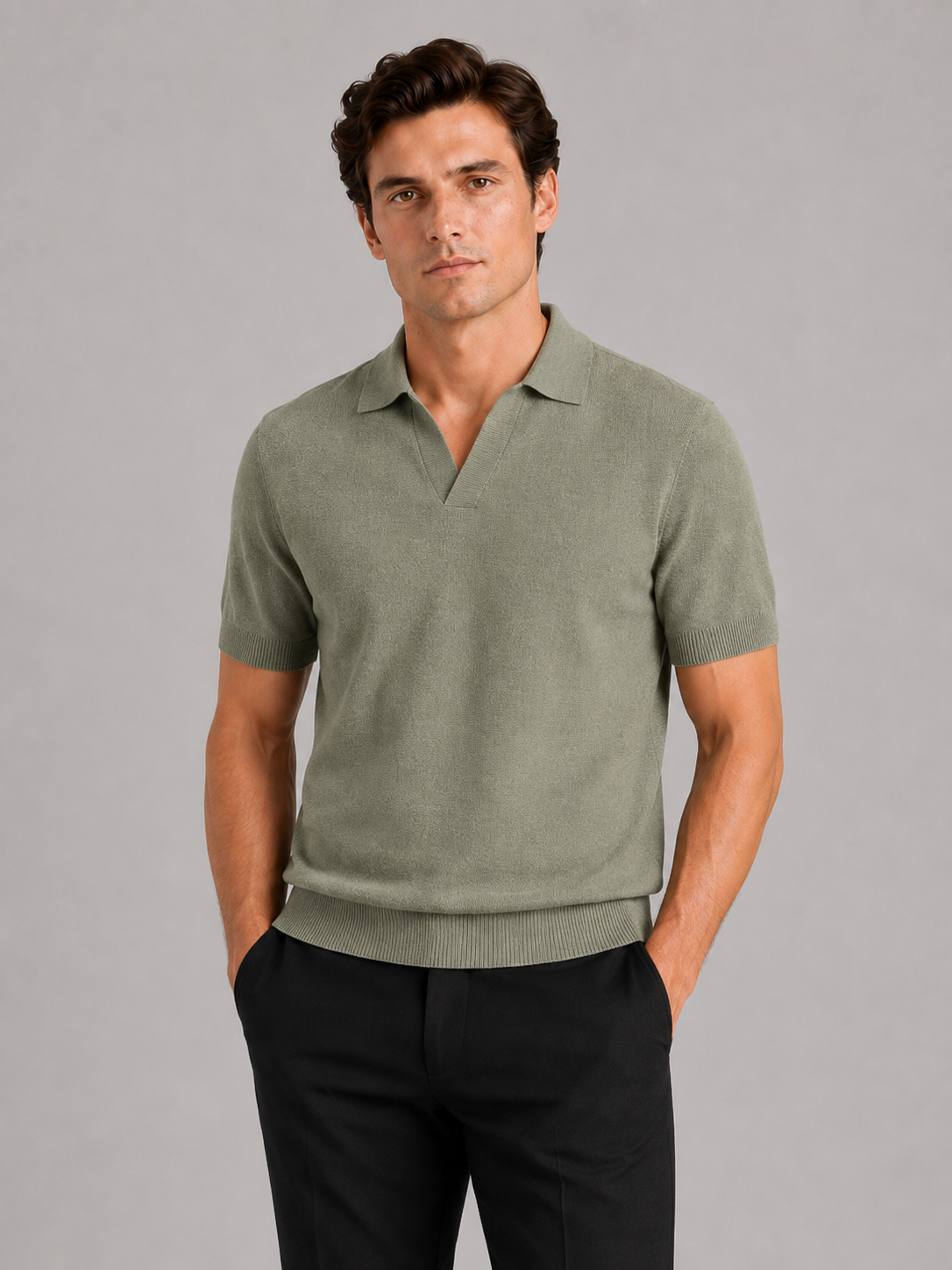 Men wearing green knit polo t shirt solid color short sleeve lightweight summer business casual style