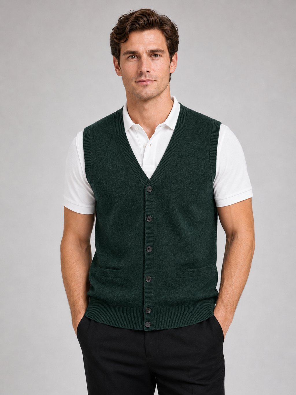 Men wearing green knit sweater vest v neck button up fall winter business casual style