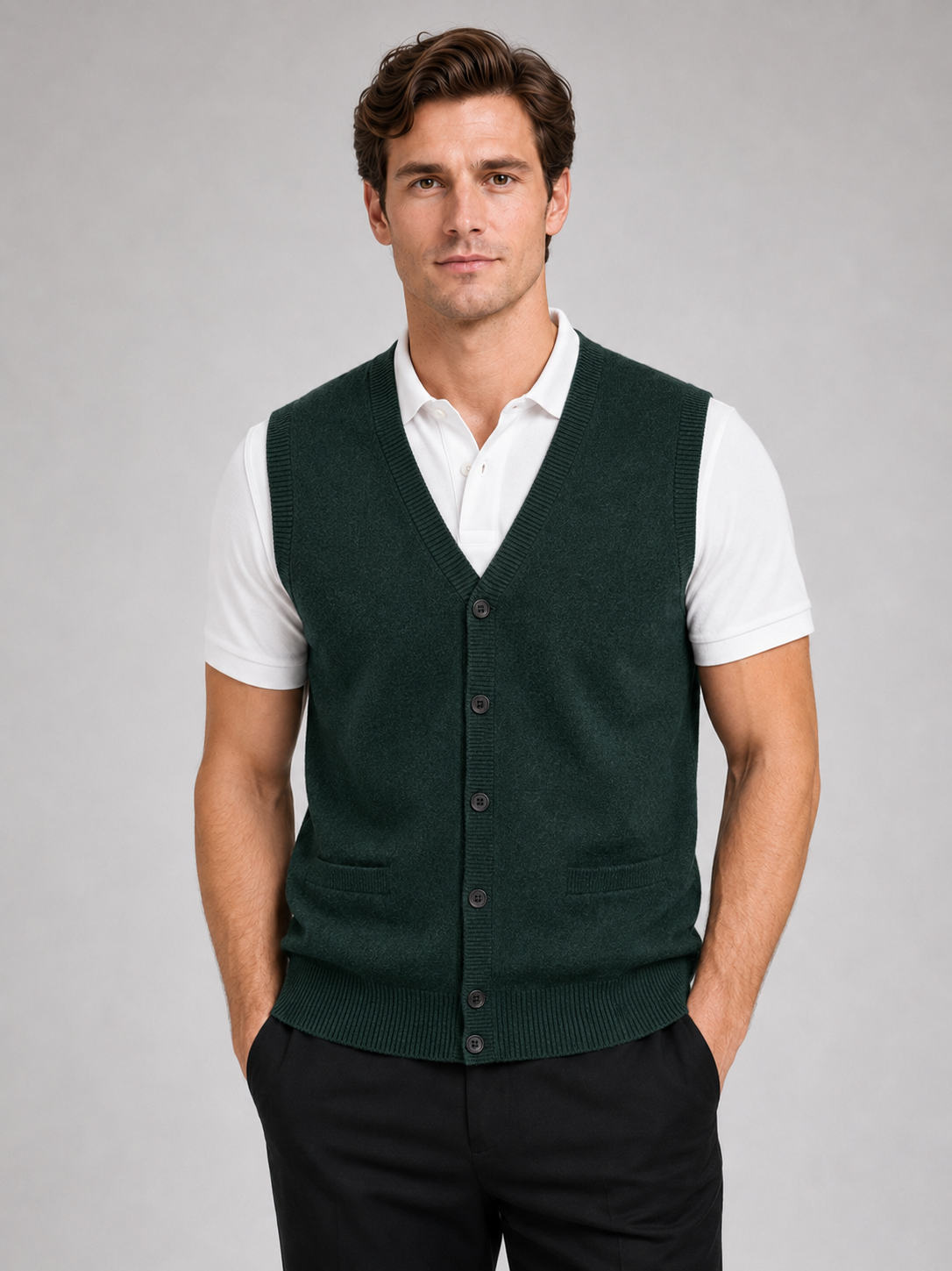 Men wearing green knit sweater vest v neck button up fall winter business casual style