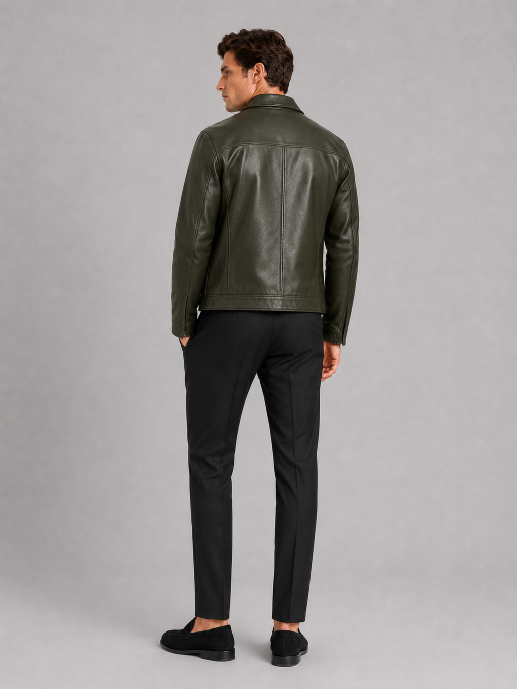 Men’s green zip up leather jacket relaxed fit for spring fall streetwear outfits