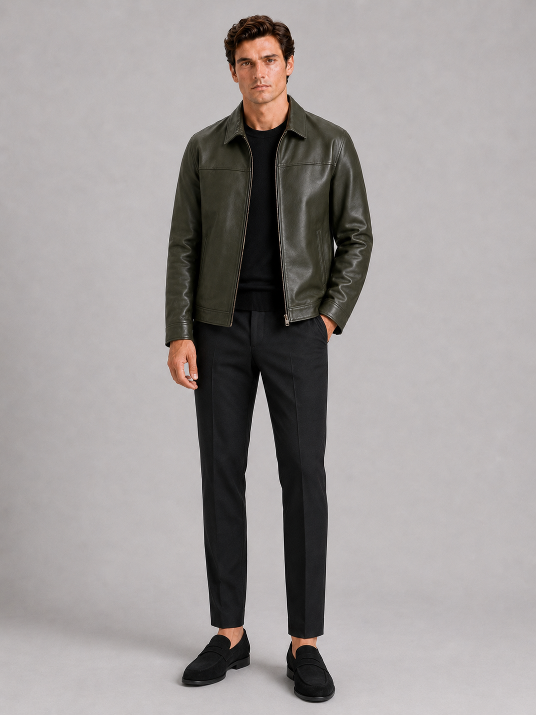 Men’s Leather Flight Jacket Zip-Up Loose Fit Spring Fall Jacket for Everyday and Streetwear