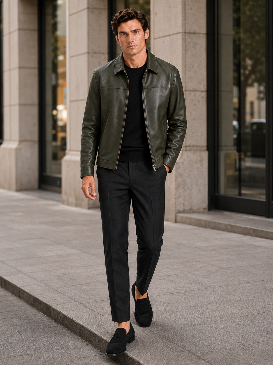 Men’s Leather Flight Jacket Zip-Up Loose Fit Spring Fall Jacket for Everyday and Streetwear