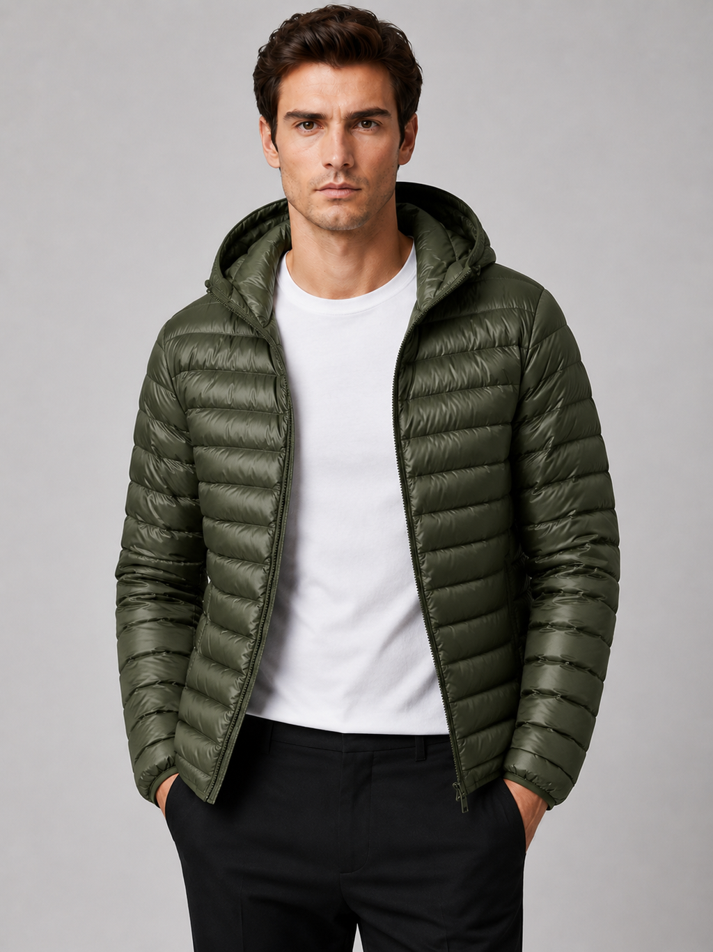 Men wearing green lightweight hooded down puffer jacket thermal fall winter travel style