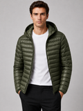 Men wearing green lightweight hooded down puffer jacket thermal fall winter travel style