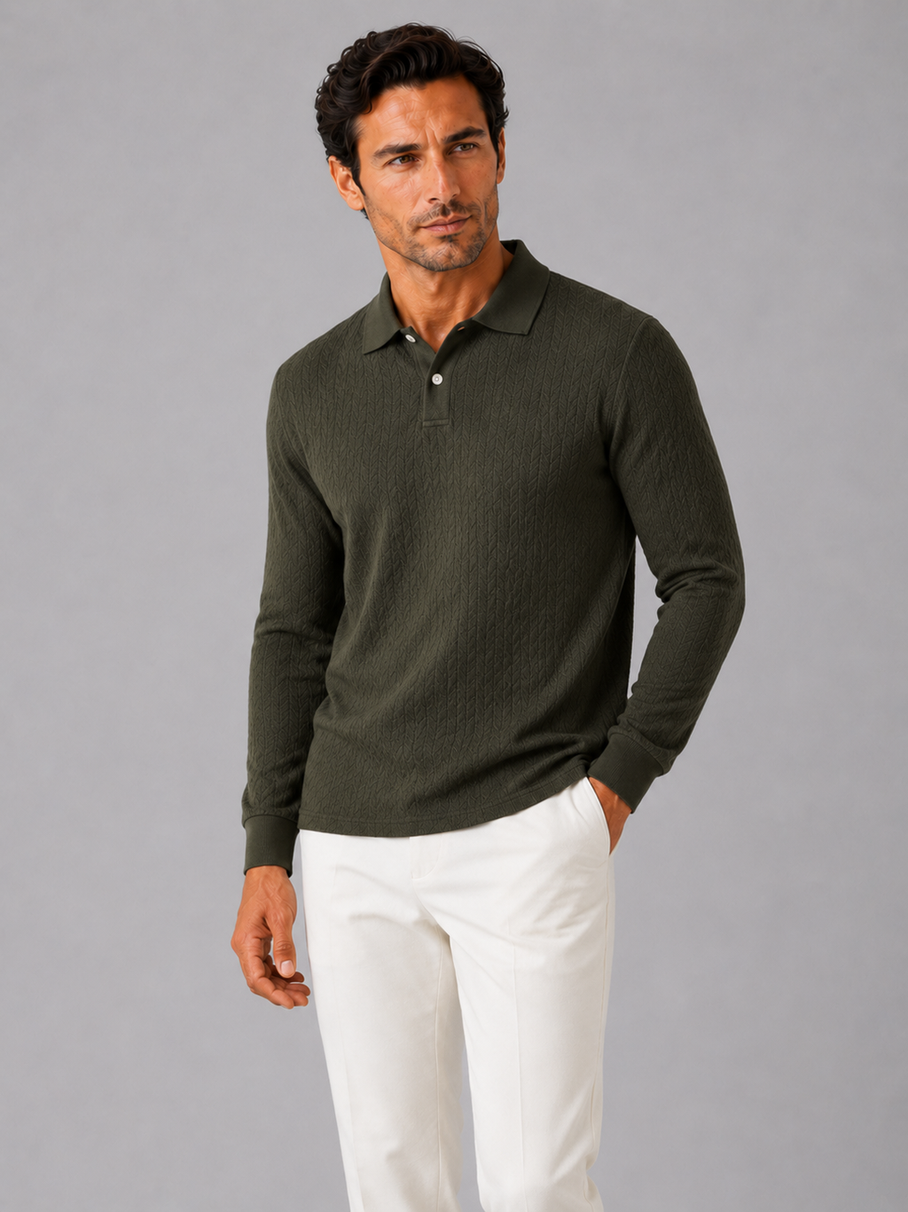 Men wearing green long sleeve polo shirt business casual knit top for smart casual wear