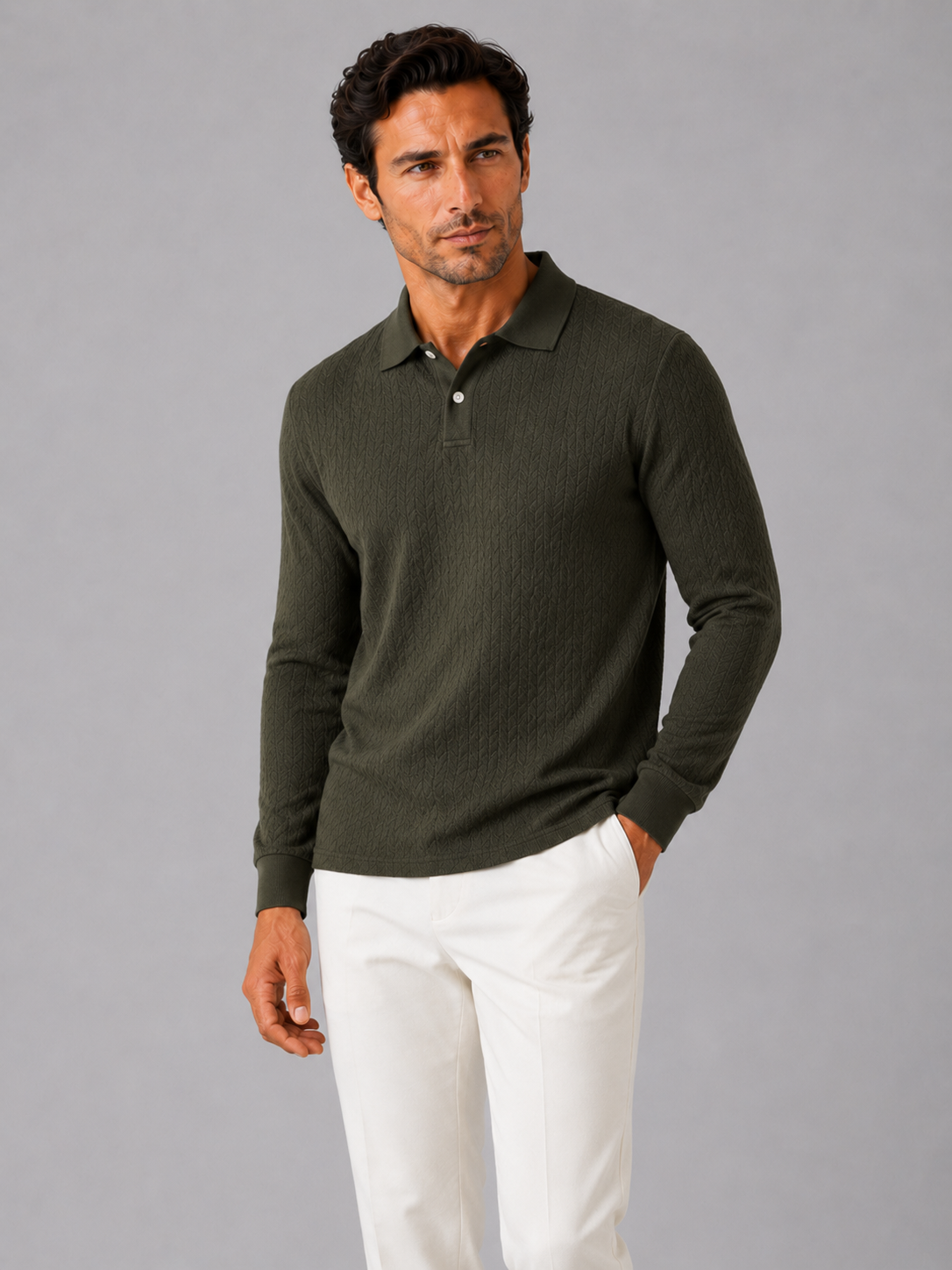 Men wearing green long sleeve polo shirt business casual knit top for smart casual wear