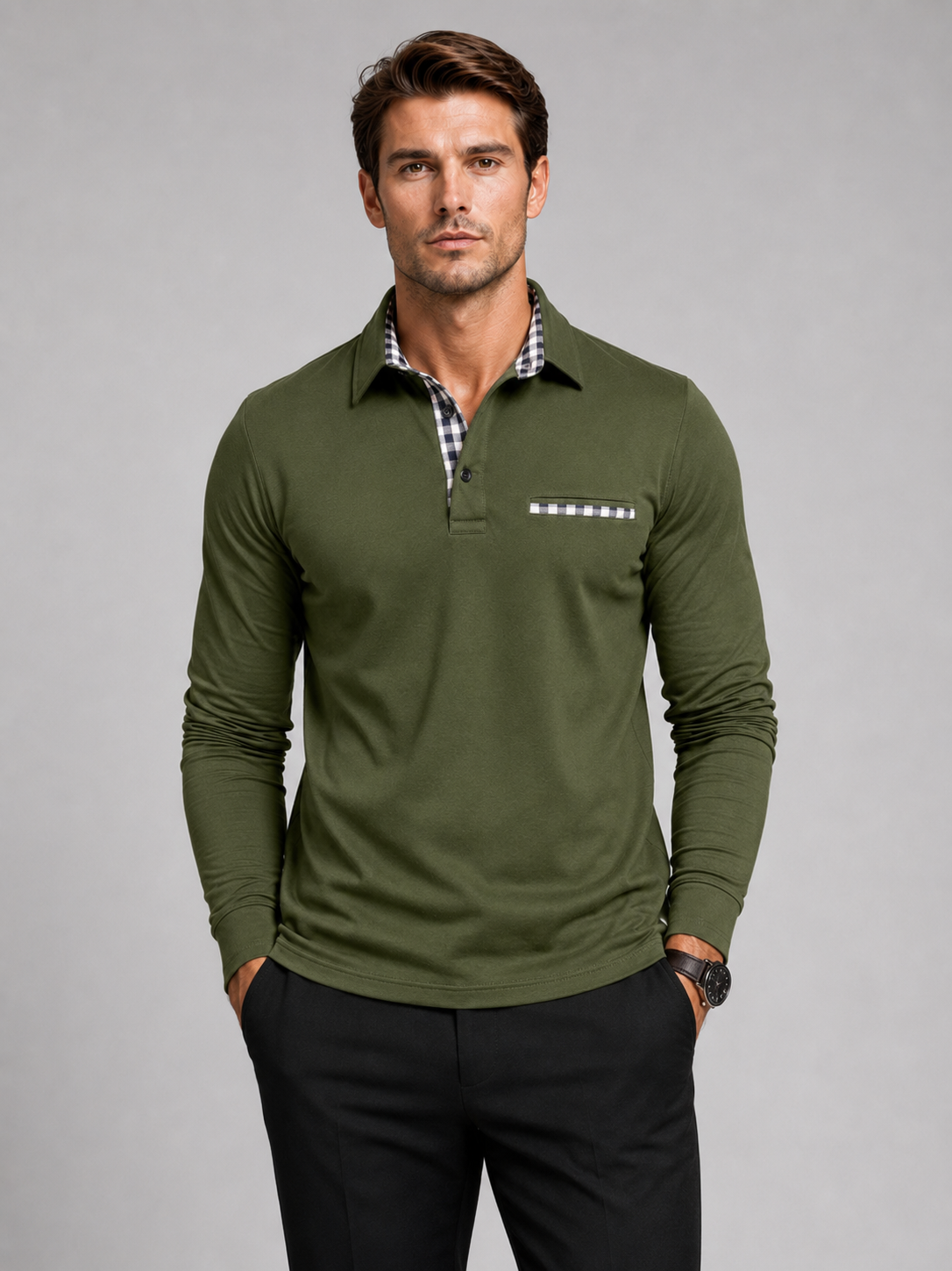 Men wearing green long sleeve polo shirt with plaid panel business casual fall style