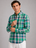 Men wearing green madras shirt 100 percent cotton long sleeve slim fit spring casual style