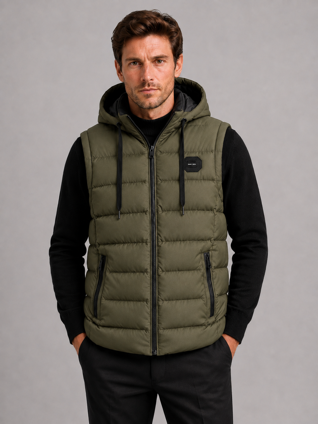 Front view of a man wearing a green hooded puffer vest with cotton padding, thick insulation, sleeveless design, and full zip front
